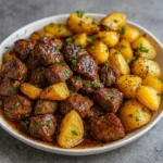 High Protein Slow Cooker Garlic Butter Beef Bites served with potatoes