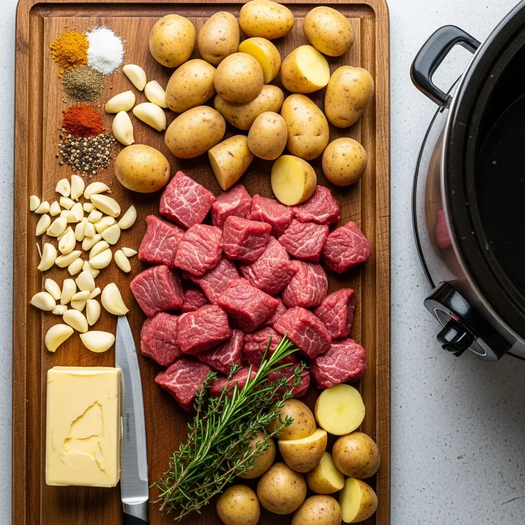 Ingredients for High Protein Slow Cooker Garlic Butter Beef Bites