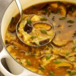 Hot and Sour Soup in bowl with tofu and mushrooms