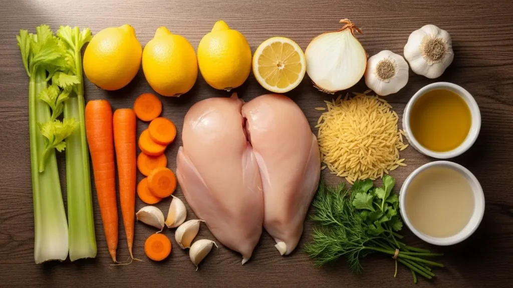 Lemon Chicken Orzo Soup ingredients flat lay