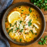 Lemon Ginger Turmeric Chicken and Rice Soup in bowl