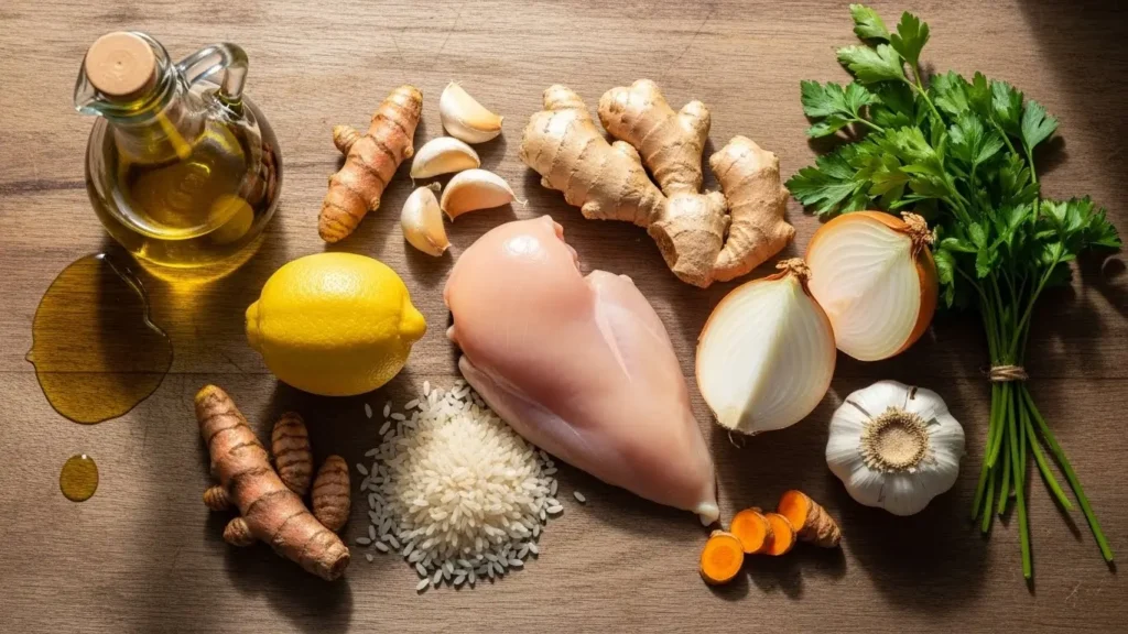 Ingredients for Lemon Ginger Turmeric Chicken and Rice Soup