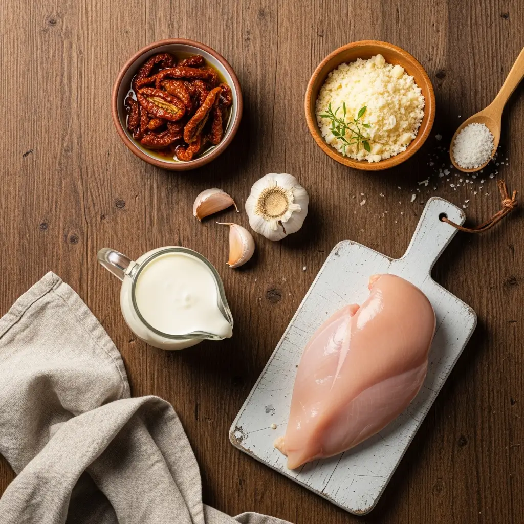 Marry Me Chicken ingredients flat lay