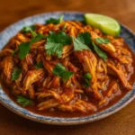 Mexican Pulled Chicken in skillet with lime and cilantro