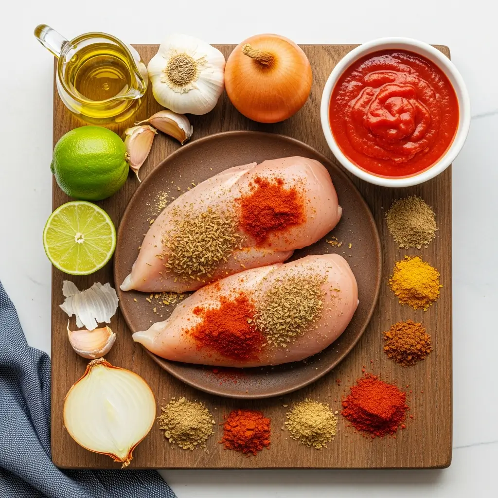 Ingredients for Mexican Pulled Chicken flat lay
