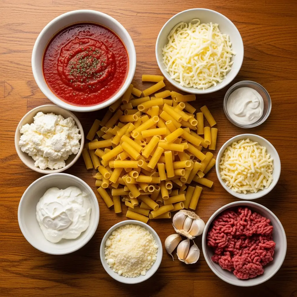 Ingredients for Million Dollar Baked Ziti laid out on table