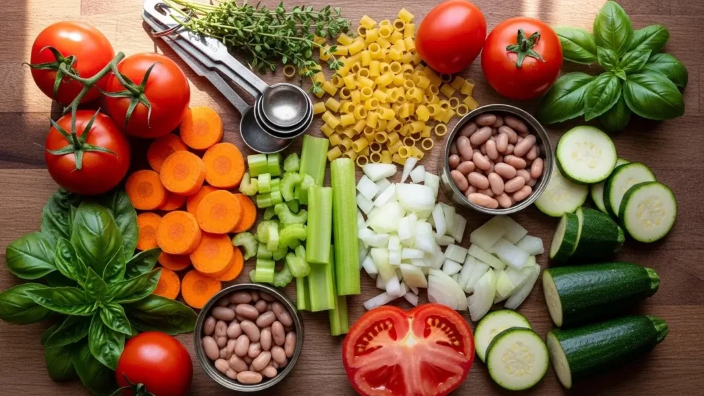 Minestrone Soup ingredients flat lay with vegetables and beans