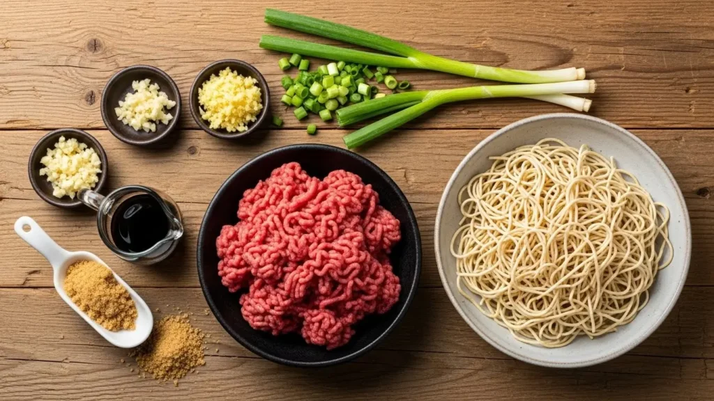 Mongolian Ground Beef Noodles ingredients on a kitchen counter