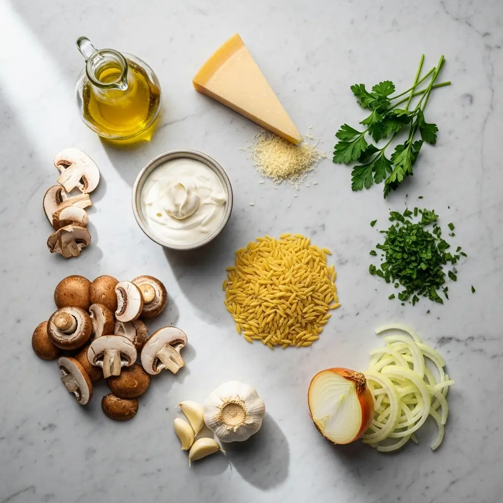 Ingredients for One-Pot Creamy Mushroom Orzo arranged on kitchen counter