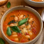 Parmesan Tomato Cannellini Bean Soup in rustic bowl
