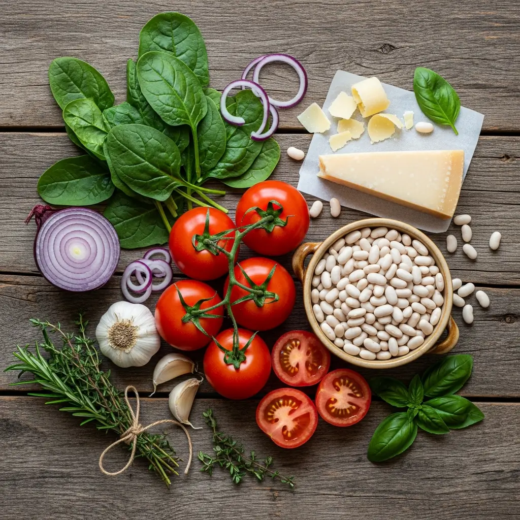 Parmesan Tomato Cannellini Bean Soup ingredients flat lay