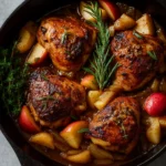 Quick and Easy Apple Maple Chicken skillet with apples and maple glaze