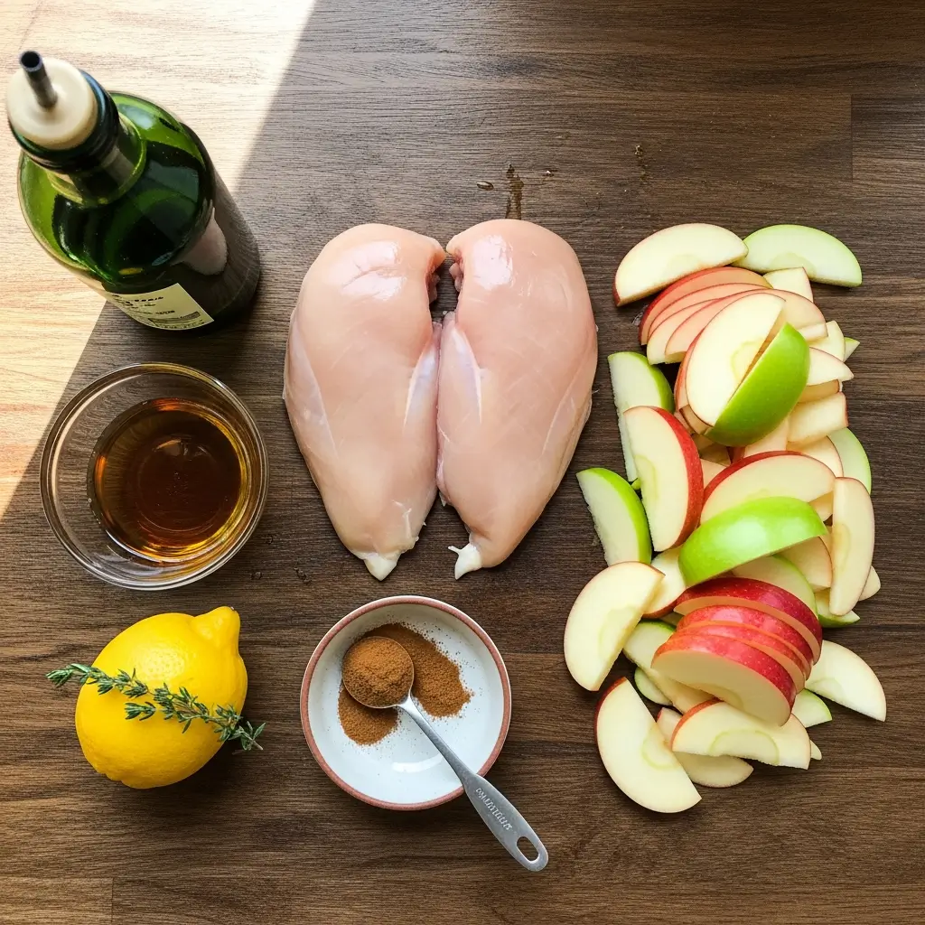Ingredients for Quick and Easy Apple Maple Chicken arranged on a kitchen counter