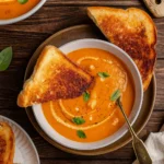 Roasted Tomato Soup with basil and grilled cheese