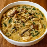Rotisserie Chicken Mushroom Soup served in a rustic bowl
