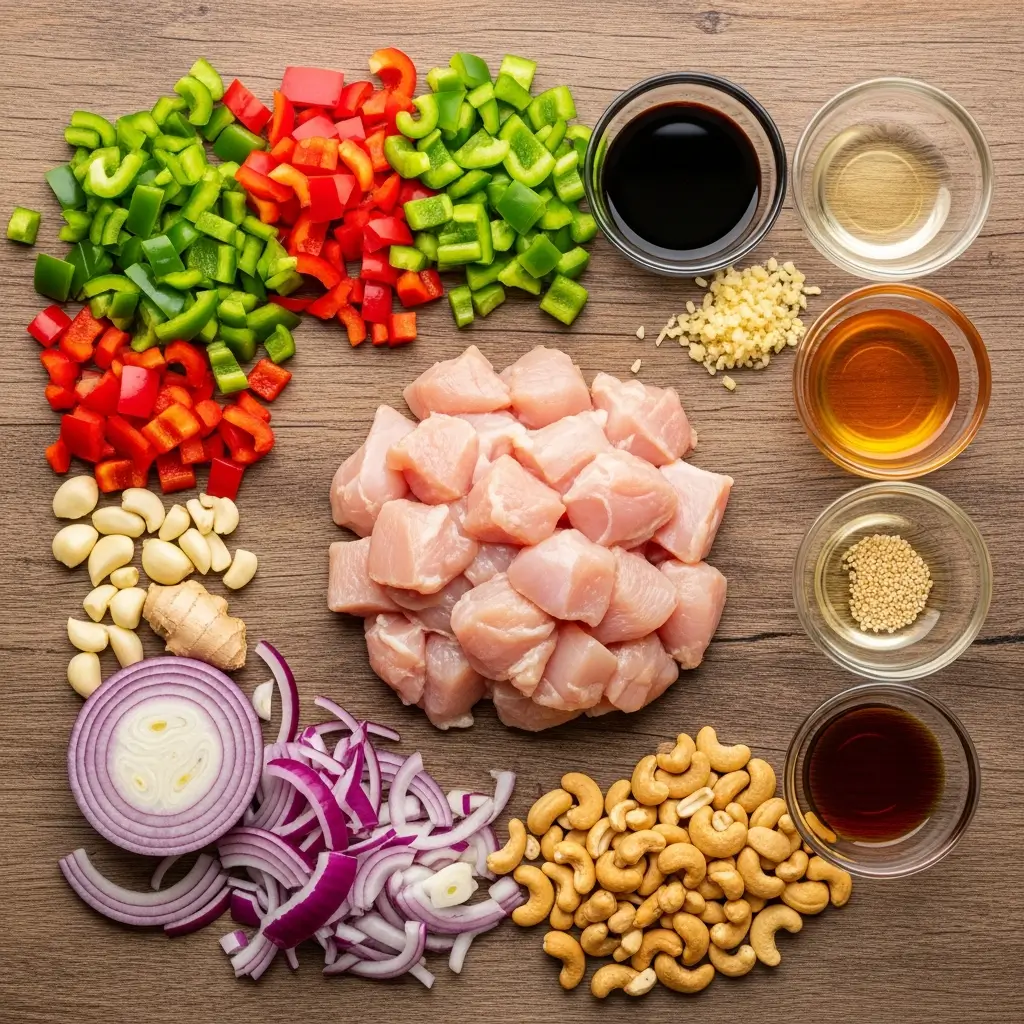 Sheet Pan Cashew Chicken ingredients flat lay