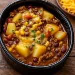 Slow Cooker Cowboy Casserole topped with cheese in rustic dish