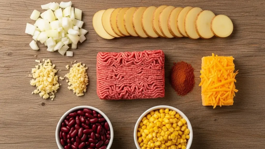 Slow Cooker Cowboy Casserole Ingredients Flat Lay