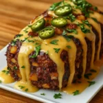 smoky jalapeño popper meatloaf sliced with cheesy filling
