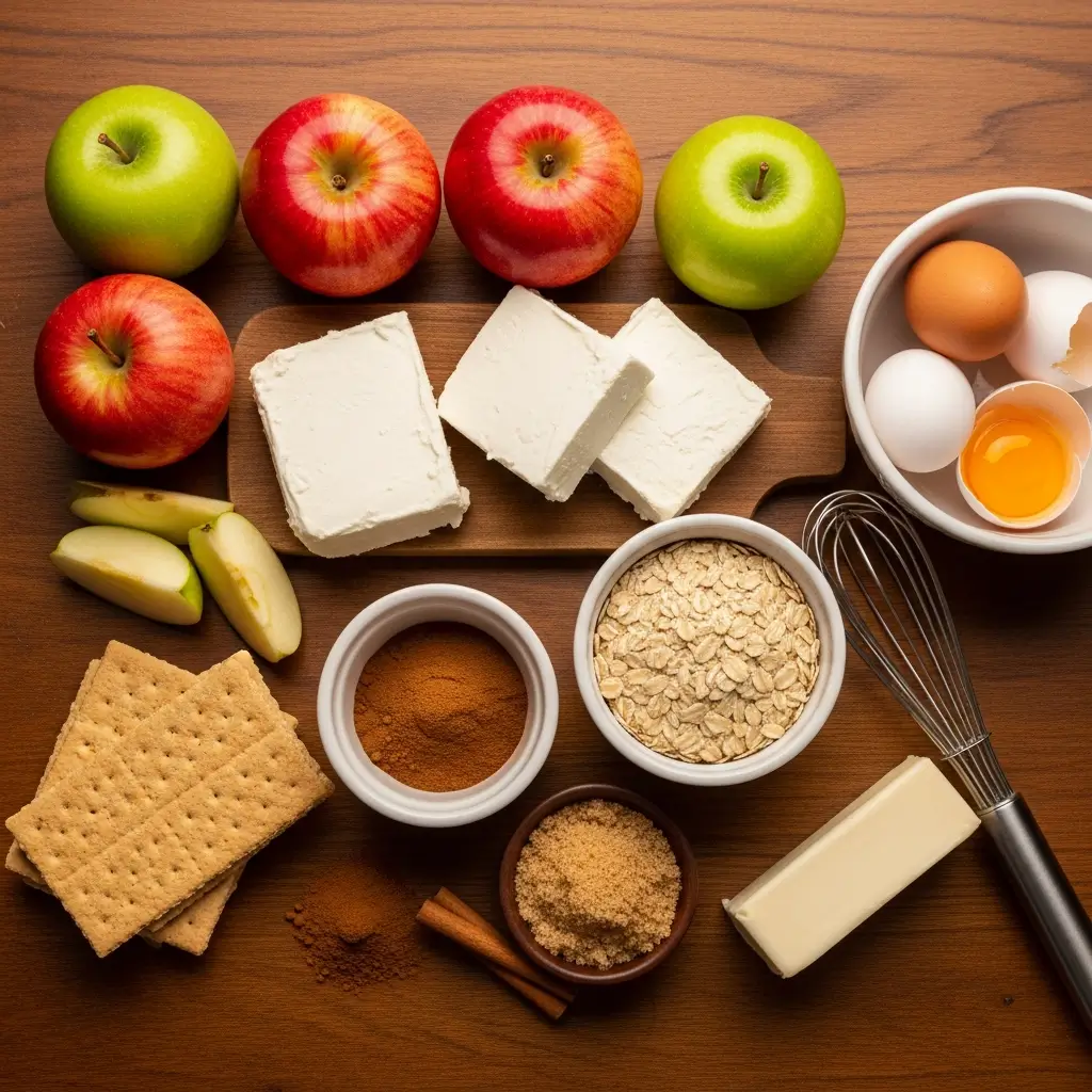 Ingredients for Sweet Apple Crisp Cheesecake Squares including apples, oats, and cream cheese