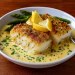 asty Baked Cod in Coconut Lemon Cream Sauce plated with rice