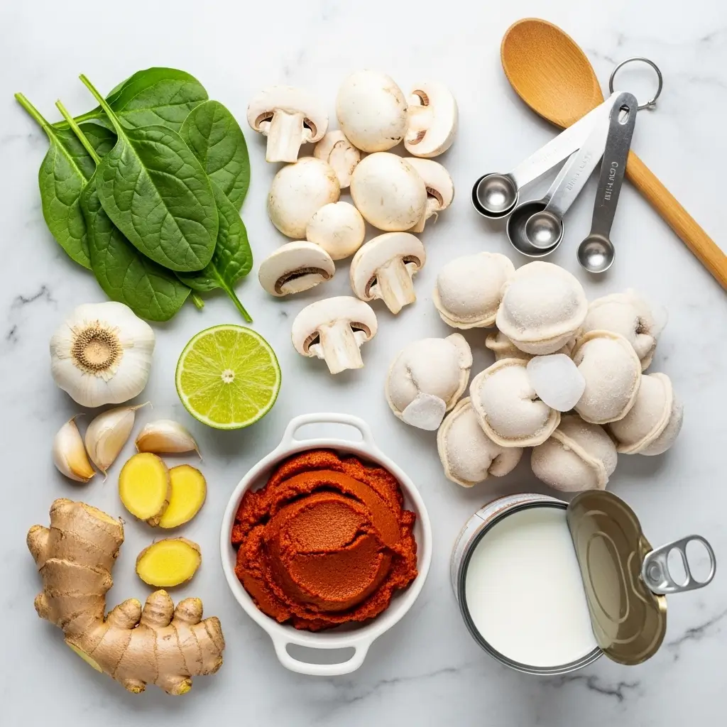 Thai Curry Dumpling Soup ingredients on kitchen counter