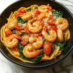Tomato Spinach Shrimp Pasta served in a bowl with shrimp, spinach, and cherry tomatoes