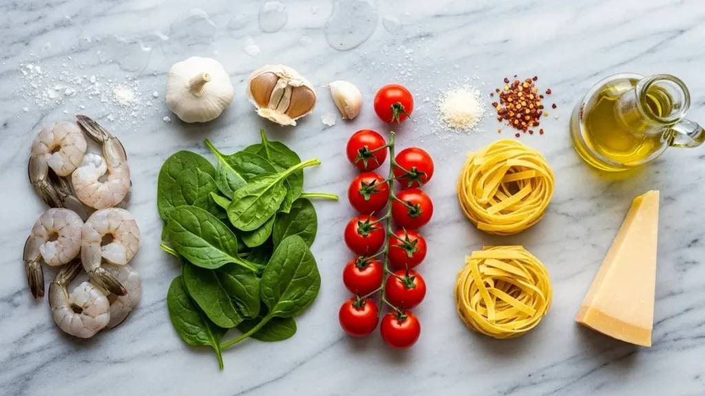 Ingredients for Tomato Spinach Shrimp Pasta including shrimp, spinach, tomatoes, and pasta.