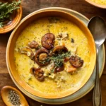 Wild Rice and Mushroom Soup served hot in a rustic bowl