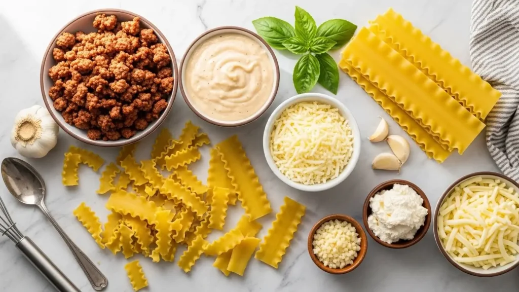 Alfredo Lasagna Soup ingredients flat lay