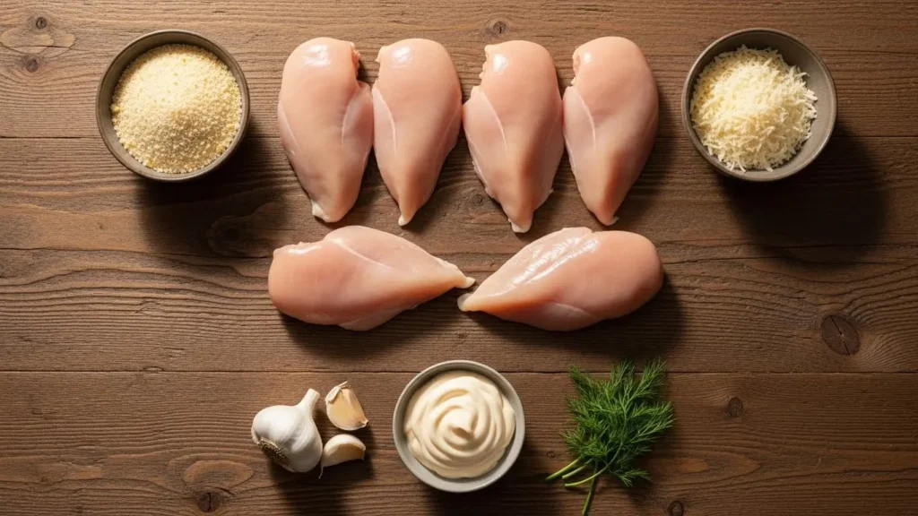 Ingredients for Baked Ranch Chicken on wooden board