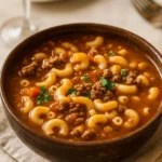 Beef and Macaroni Soup in a cozy farmhouse setting