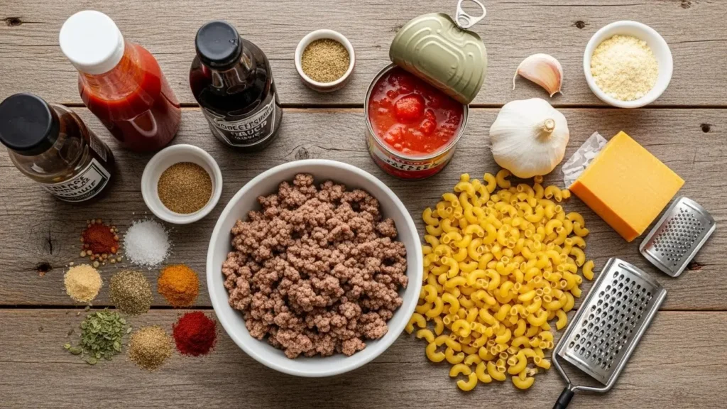 Ingredients for Beef and Macaroni Soup on wooden table