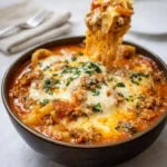 Best Lasagna Soup served in a bowl with ricotta and basil