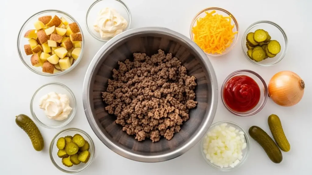 Big Mac Casserole ingredients arranged on a counter