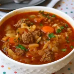 Cabbage Roll Soup in rustic bowl