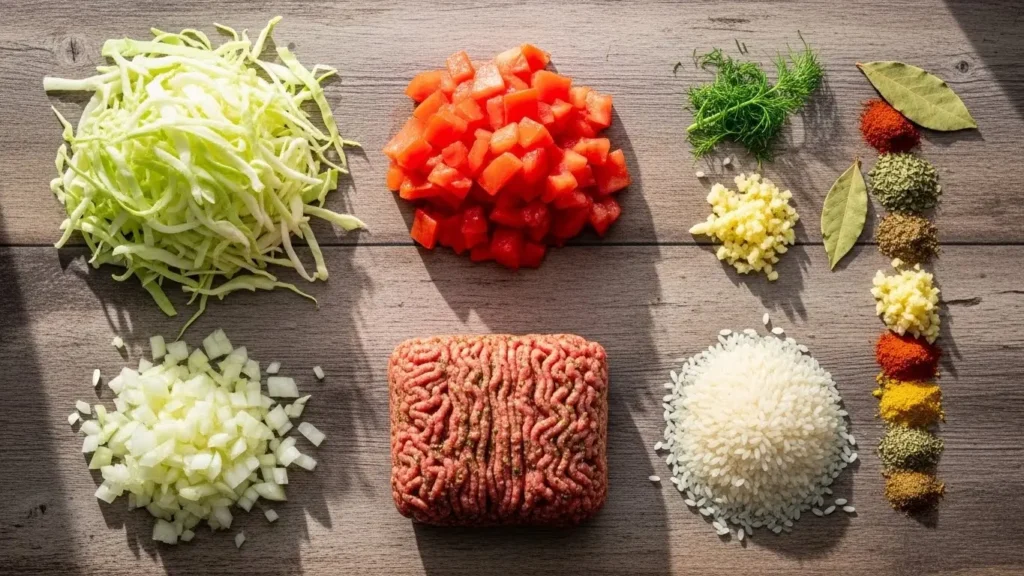 Cabbage Roll Soup ingredients flat lay