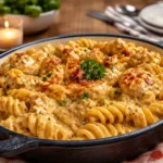 Cajun Cream Cheese Chicken Pasta Bake in casserole dish