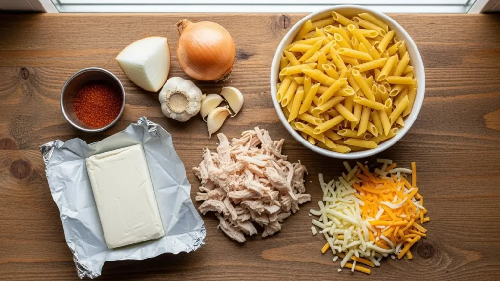 Ingredients for Cajun Cream Cheese Chicken Pasta Bake