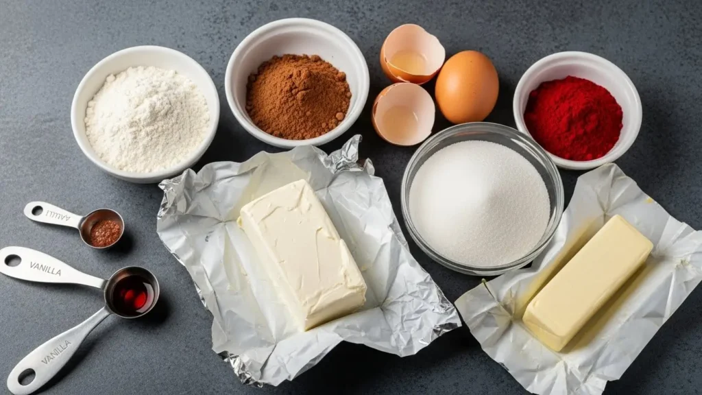 Ingredients for Cheesecake Stuffed Red Velvet Cookies