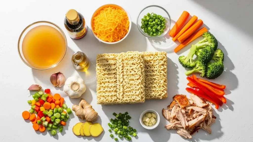 Cheesy Chicken Ramen ingredients on kitchen counter