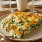Creamy and cheesy Chicken and Spinach Casserole ready to serve