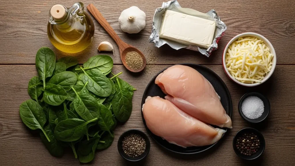 Chicken and Spinach Casserole with Cream Cheese ingredients flat lay