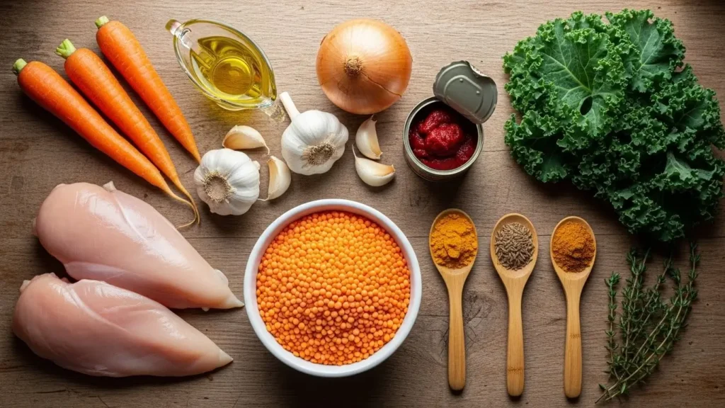 Chicken Lentil Soup ingredients flat lay