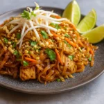 Chicken Pad Thai on a plate with lime and peanuts