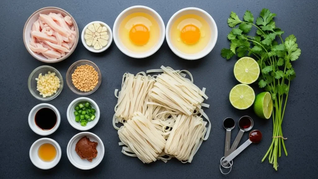 Chicken Pad Thai ingredients laid out on a table