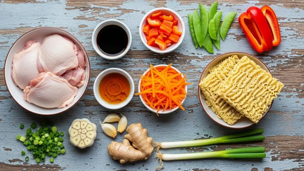 Chicken Ramen Stir Fry ingredients on table