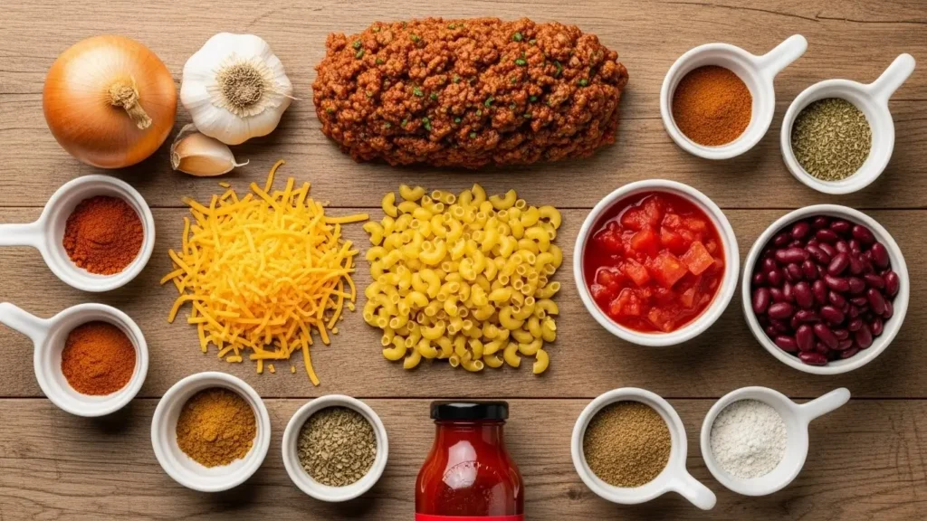 Chili Mac Casserole ingredients on counter