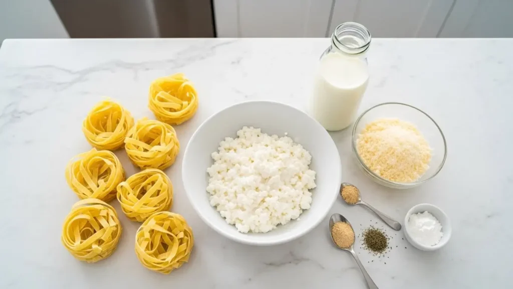 Cottage Cheese Alfredo ingredients flat lay