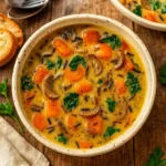 Cozy Autumn Wild Rice Soup in rustic bowl